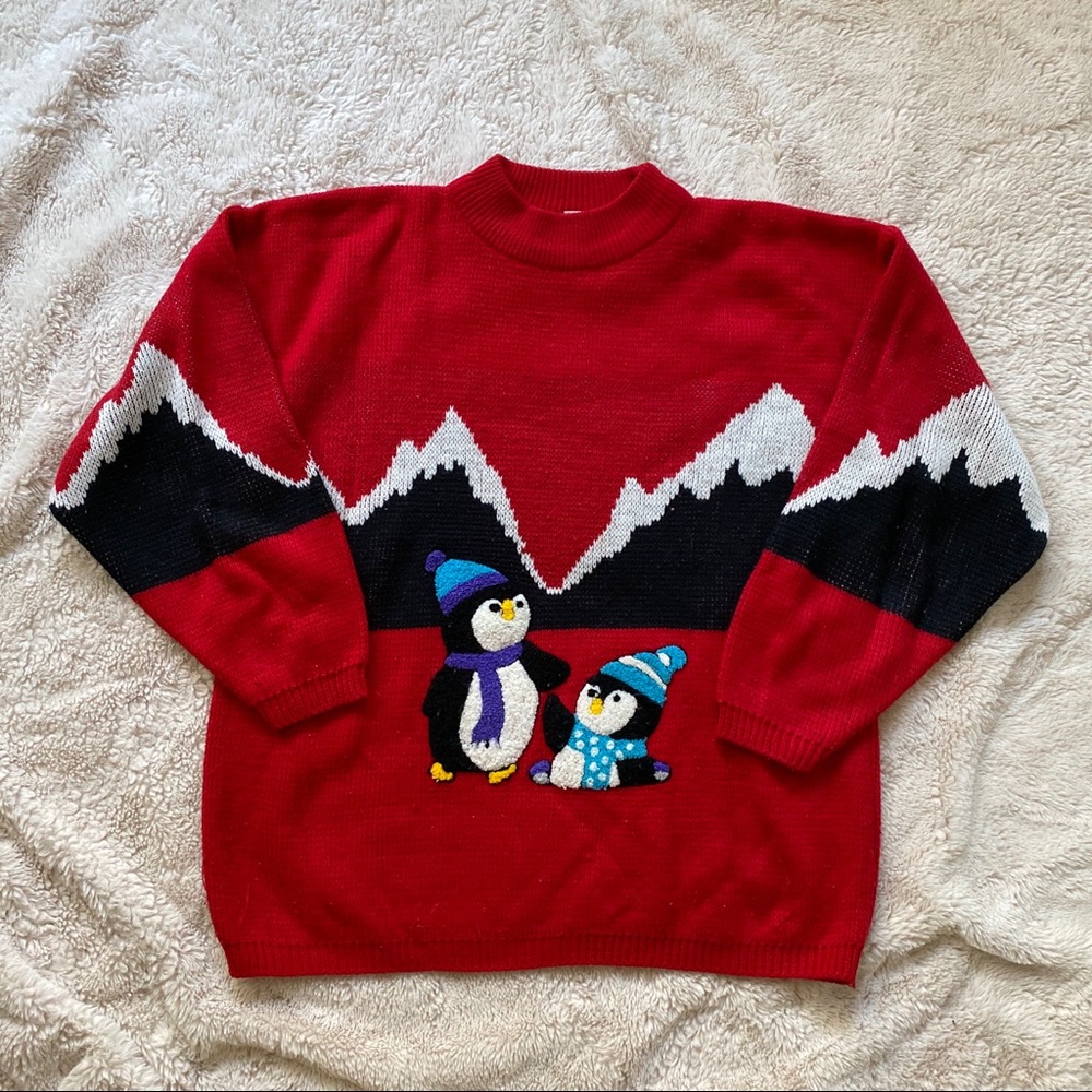 VTG Penguins Red Knitted 3D Christmas Sweater